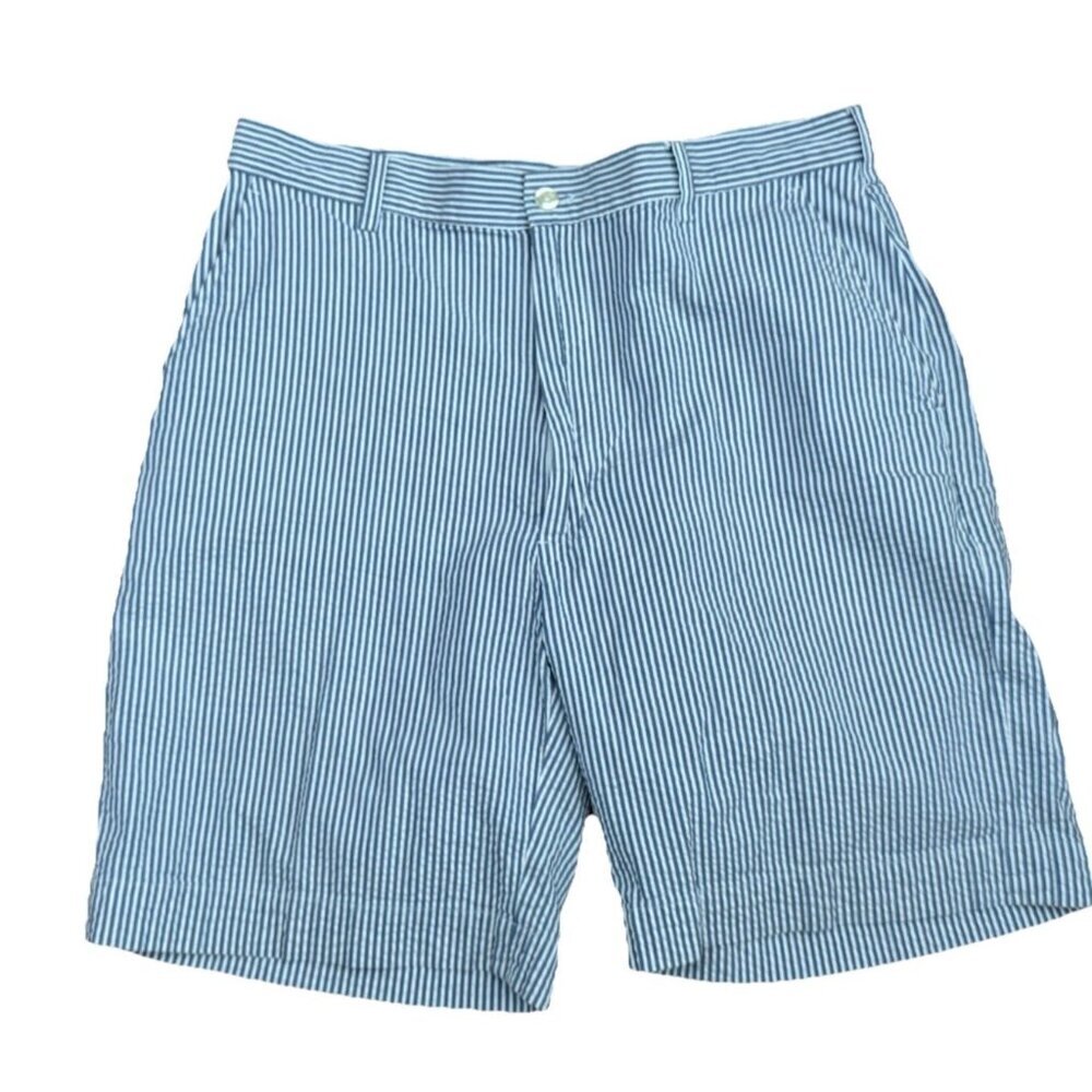 Jos A Bank Shorts Mens 36 Blue White Stripe Seersucker Cotton Casual Bermuda